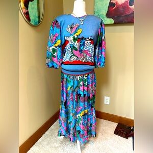 Vintage Diane Freis 🦜 Beaded Parrots Cockatiel Knit Set Top & Skrt WOW! Size S-M